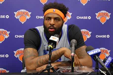 Mitchell Robinson talks with the media on April 17, 2025 at Madison Square Garden Training Center in Greenburgh, NY.